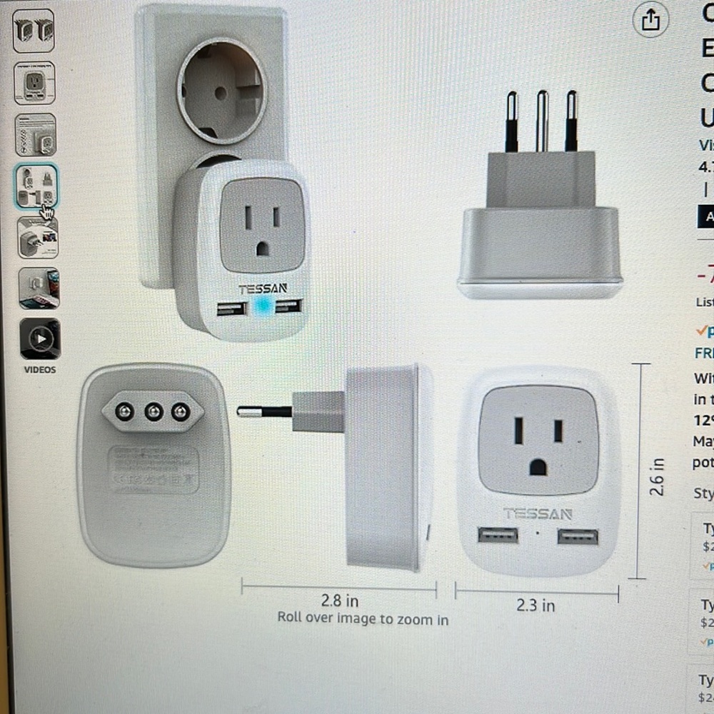 TESSAN Italy travel adapter grounded plug converter NEW - Picture 6 of 8